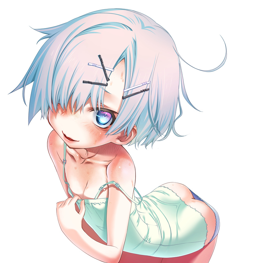 absurdres ass blue_eyes blush freckles hair_ornament hair_over_one_eye hairclip highres huge_filesize looking_at_viewer open_mouth original sakuya_tsuitachi shirt_tug short_hair silver_hair solo strap_slip sweat transparent_background wavy_mouth