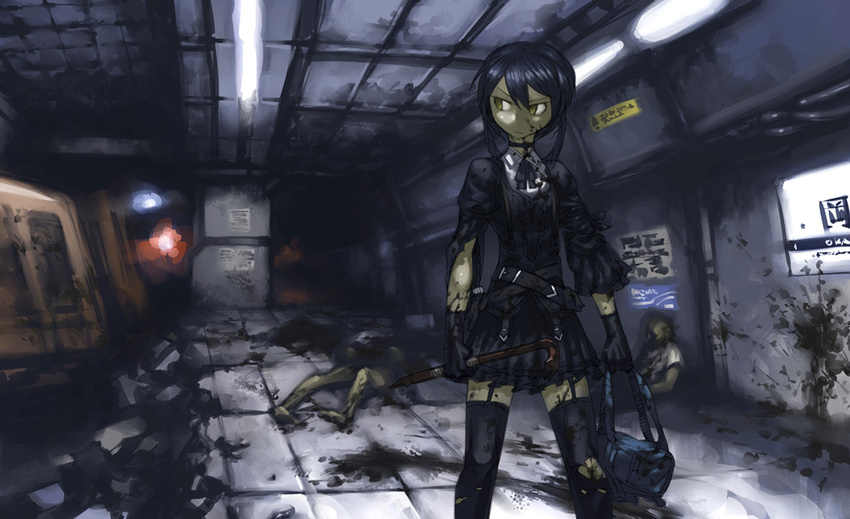 bag black_hair black_legwear crowbar garter_straps ground_vehicle miniskirt original ruins shinazo short_hair skirt thighhighs train train_station