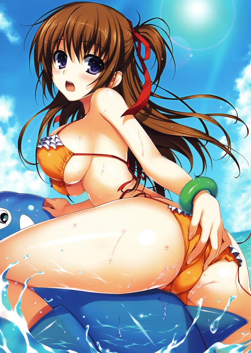 absurdres ass bangle bikini blue_eyes blue_sky blush bracelet breasts brown_hair cameltoe cloud day frilled_bikini frills hair_ribbon hand_on_ass highres inflatable_dolphin inflatable_toy jewelry large_breasts lens_flare long_hair looking_back open_mouth orange_bikini original ribbon sky solo strap_gap sun swimsuit tomose_shunsaku trefoil two_side_up wet