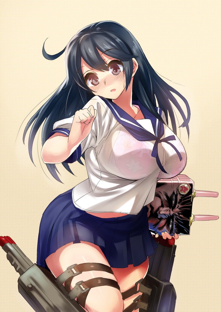 black_hair blush bra breasts brown_eyes floral_print gen_(black_factory) highres holding kantai_collection large_breasts long_hair midriff open_mouth pleated_skirt school_uniform see-through serafuku skirt solo thigh_strap thighs underwear ushio_(kantai_collection)