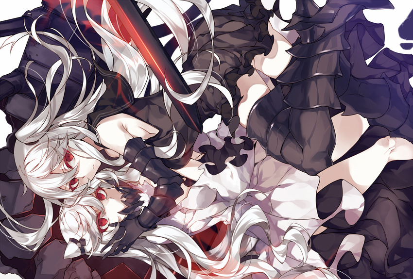 aircraft_carrier_oni armor armored_boots black_dress boots covered_mouth dress gauntlets horns kantai_collection kureaki_(exit) long_hair midway_hime multiple_girls one_side_up pale_skin red_eyes sailor_dress shinkaisei-kan short_dress thigh_boots thighhighs very_long_hair white_dress white_hair white_skin