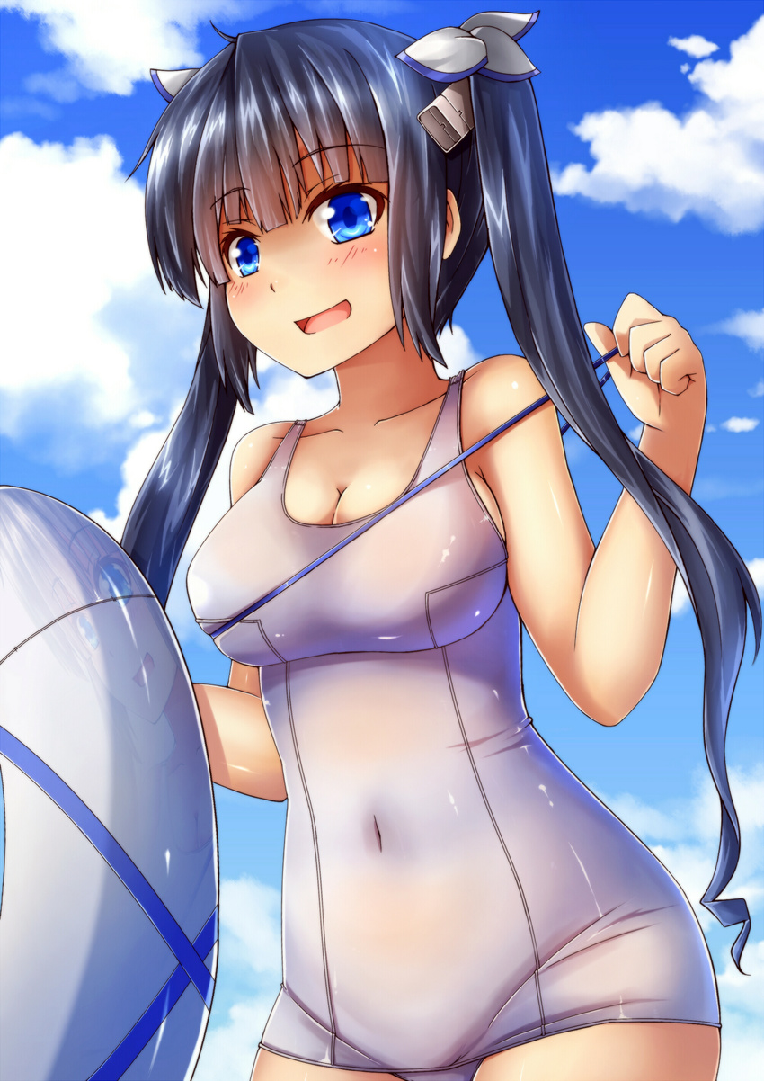 absurdres bare_arms black_hair blue_eyes blue_ribbon blush breasts cleavage cloud day dungeon_ni_deai_wo_motomeru_no_wa_machigatteiru_darou_ka hair_ribbon hestia_(danmachi) highres kaiyi long_hair medium_breasts one-piece_swimsuit reflection rei_no_himo ribbon school_swimsuit skindentation sky solo swimsuit twintails white_swimsuit