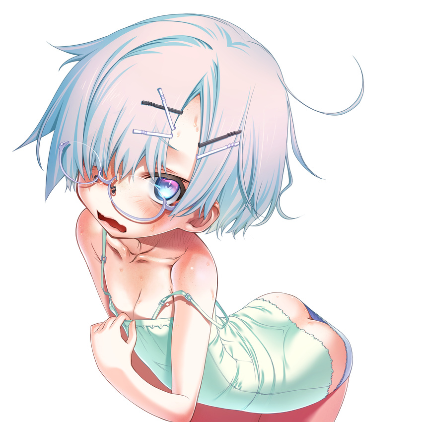 absurdres ass blue_eyes blush freckles glasses hair_ornament hair_over_one_eye hairclip highres huge_filesize looking_at_viewer original sakuya_tsuitachi shirt_tug short_hair silver_hair solo strap_slip sweat transparent_background wavy_mouth