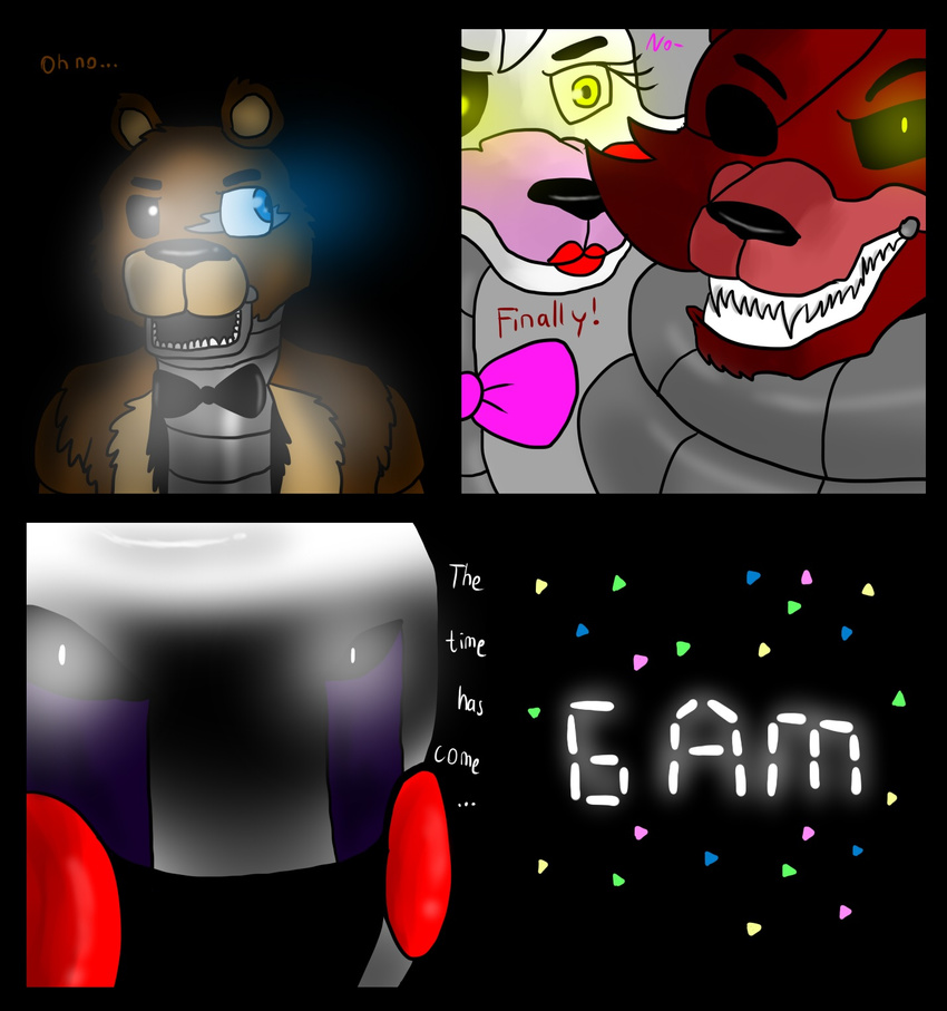 animatronic bear blue_eyes canine eye_patch eyewear female five_nights_at_freddy's five_nights_at_freddy's_2 fox foxy_(fnaf) freddy_(fnaf) glowing glowing_eyes good_and_bad_ones machine male mammal mangle_(fnaf) marionette_(fnaf) mechanical robot shimazun teeth video_games yellow_eyes