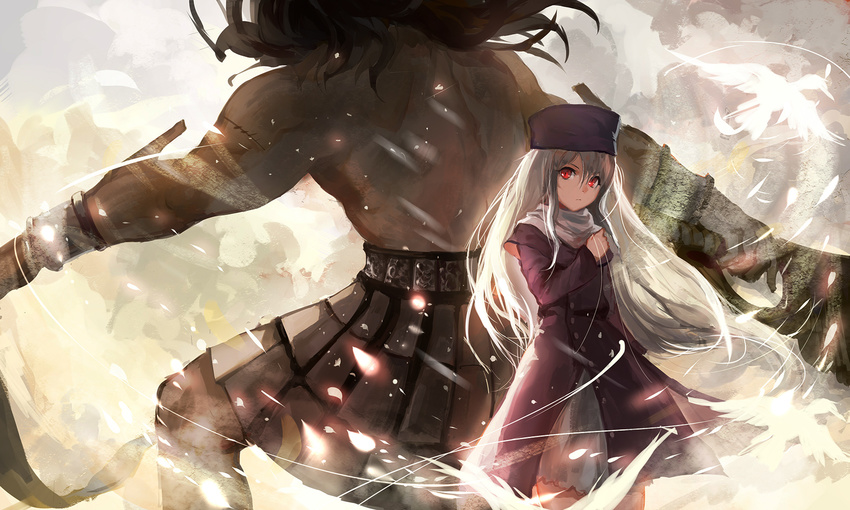 1girl berserker black_hair fate/stay_night fate_(series) hat highres illyasviel_von_einzbern long_hair purple_hat red_eyes sishenfan size_difference white_hair