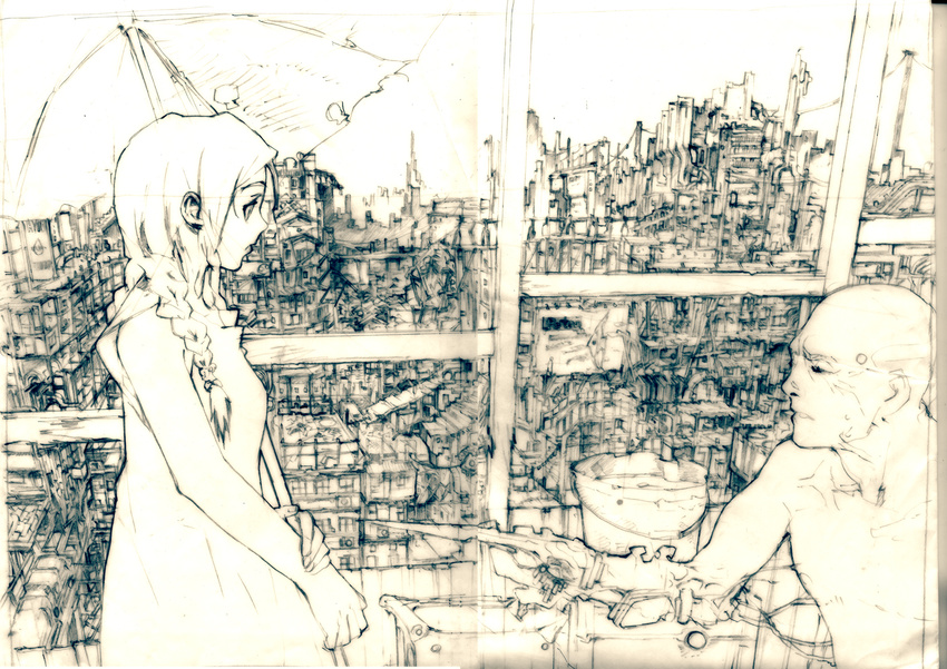 1girl braid city cityscape dress highres monochrome old_man original scenery short_twintails toi8 traditional_media twintails umbrella white yellow