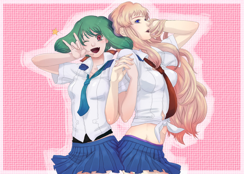 bad_id bad_pixiv_id blonde_hair blue_eyes fang green_hair holding_hands long_hair macross macross_frontier midriff multiple_girls navel necktie one_eye_closed ramta ranka_lee red_eyes sheryl_nome skirt star yuri