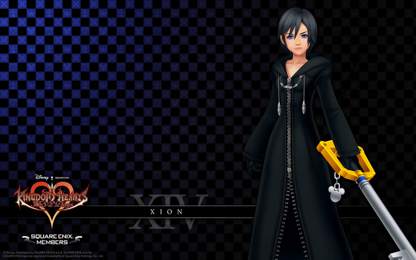 black_coat_(kingdom_hearts) black_hair blue blue_eyes highres keyblade kingdom_hearts kingdom_hearts_358/2_days official_art organization_xiii short_hair solo wallpaper xion_(kingdom_hearts)