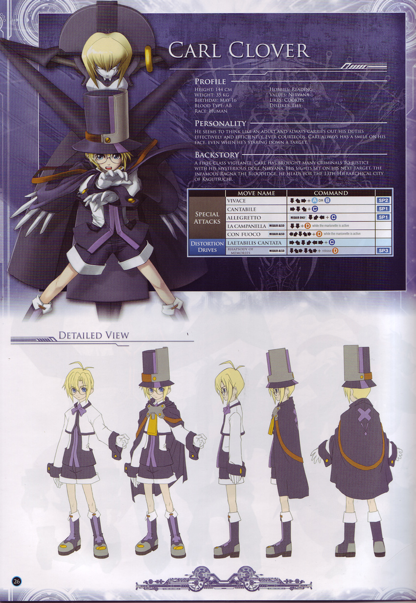 1girl artist_request blazblue blazblue:_calamity_trigger blazblue_insignia blonde_hair blue_eyes boots cape carl_clover character_name concept_art english glasses hat highres marionette nirvana official_art puppet purple_footwear round_eyewear scan special_moves stats top_hat