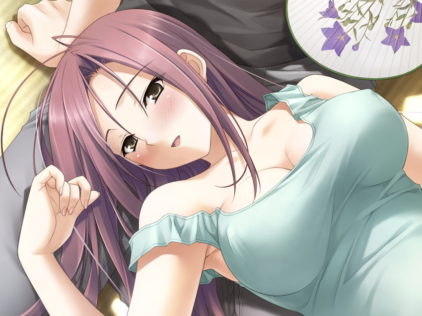 blush breasts cleavage covered_nipples fan fingernails game_cg grey_eyes happy haruka_na_sora highres ifukube_yahiro kasugano_haruka lap_pillow large_breasts long_hair no_bra open_mouth pink_hair shirt solo_focus strap_slip suzuhira_hiro tank_top taut_clothes taut_shirt yosuga_no_sora