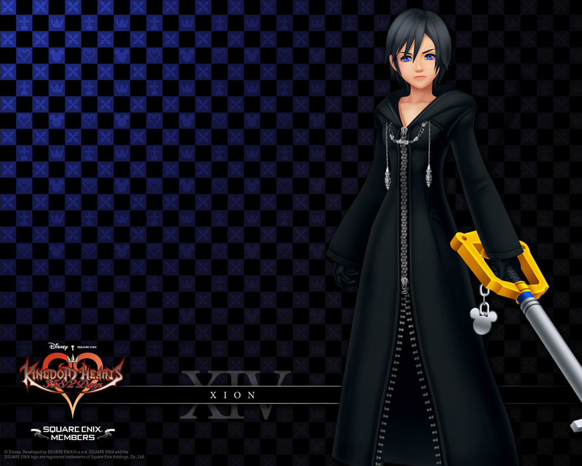 black_coat_(kingdom_hearts) black_hair blue blue_eyes keyblade kingdom_hearts kingdom_hearts_358/2_days official_art organization_xiii short_hair solo wallpaper xion_(kingdom_hearts)