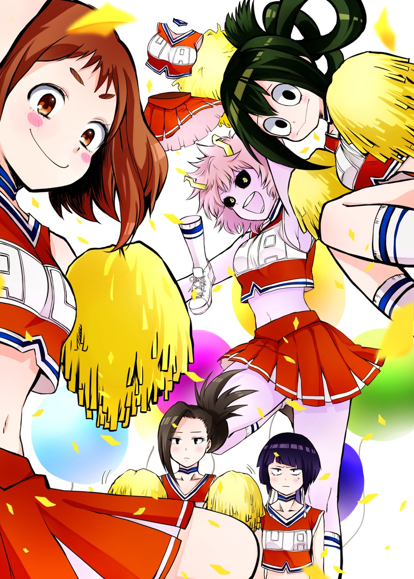 &gt;:) :&gt; :d ashido_mina asui_tsuyu black_eyes black_hair black_sclera blush blush_stickers boku_no_hero_academia breasts brown_hair cheerleader collarbone green_hair hagakure_tooru hair_rings hair_up highres holding horns invisible jirou_kyouka leg_up long_hair medium_breasts mikan_(mikataaaa) multiple_girls navel open_mouth pink_hair plug pom_poms purple_hair purple_skin shoes short_hair sideboob skirt smile sneakers sweatdrop tank_top uraraka_ochako v-shaped_eyebrows yaoyorozu_momo yellow_eyes