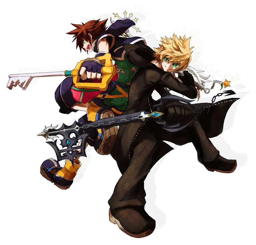 black_coat black_coat_(kingdom_hearts) blonde_hair brown_hair cloak commentary_request dual_wielding fingerless_gloves gloves green_eyes holding karatou keyblade keychain kingdom_hearts male_focus multiple_boys open_mouth roxas simple_background smile sora_(kingdom_hearts) white_background
