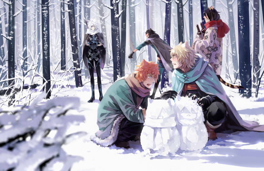 animal_ears asato_(lamento) barudo beard belt black_gloves blonde_hair blue_eyes bottle breath cat_ears cloak crossed_arms facial_hair forest gloves haori highres japanese_clothes konoe lamento lialli male_focus multiple_boys nature orange_eyes orange_hair outdoors rai_(lamento) scarf snow snowball snowball_fight squatting sweatdrop tail teeth tiger_ears tiger_tail tokino_(lamento) tree white_hair winter