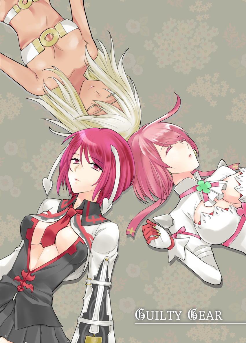 3girls ahoge arc_system_works bare_shoulders beltbra breasts center_opening cleavage cleavage_cutout clover dark_skin dress elphelt_valentine eyes_closed female four-leaf_clover gloves guilty_gear guilty_gear_2 guilty_gear_xrd large_breasts lips long_hair long_sleeves looking_at_viewer lying multiple_girls on_back open_mouth parted_lips pink_hair platinum_blonde platinum_blonde_hair ramlethal_valentine red_eyes red_hair ribbon shio_kirrameru short_hair sleeping smile valentine_(guilty_gear) wedding_dress white_dress