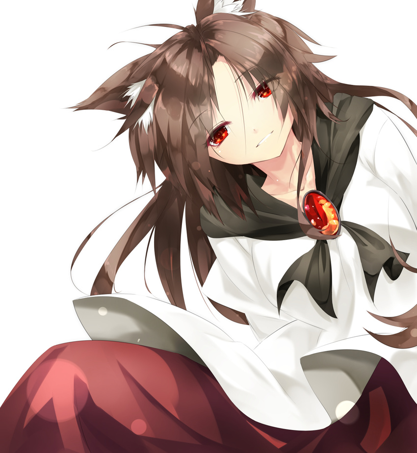 animal_ears blush brooch brown_hair collarbone dress dutch_angle gorilla_(bun0615) grin half-closed_eyes head_tilt highres imaizumi_kagerou jewelry long_hair looking_at_viewer red_eyes smile solo touhou very_long_hair wolf_ears
