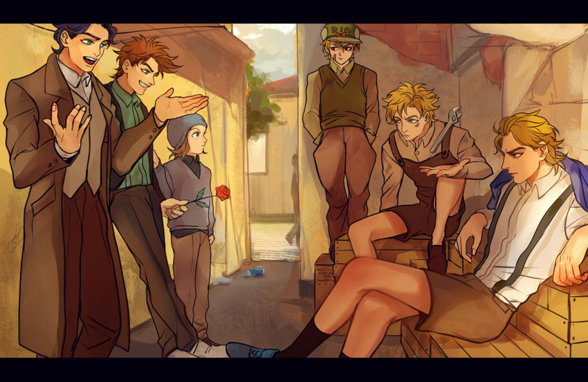 alley blonde_hair blue_hair box brown_hair caesar_anthonio_zeppeli child diego_brando dio_brando flower hat johnny_joestar jojo_no_kimyou_na_bouken jonathan_joestar joseph_joestar_(young) kilva_lollop leaning_back male_focus multiple_boys on_box overalls rose sitting sitting_on_box sitting_on_object steel_ball_run suspenders sweater_vest time_paradox wrench younger