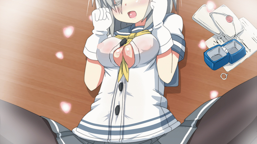 animated animated_gif between_breasts blush breasts cleavage covered_nipples envelope gloves hair_over_one_eye hamakaze_(kantai_collection) hangaku heart implied_sex jewelry jewelry_box kantai_collection letter lying medium_breasts no_bra on_back open_mouth pantyhose pleated_skirt ring school_uniform serafuku short_sleeves skirt solo wax_seal wedding_ring white_gloves