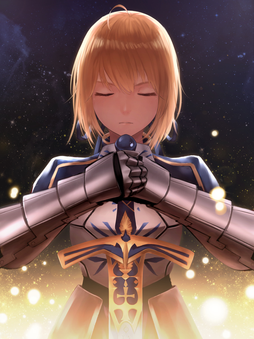 absurdres ahoge ariinine armor armored_dress artoria_pendragon_(all) blonde_hair caliburn closed_eyes fate/stay_night fate_(series) gauntlets highres saber serious solo