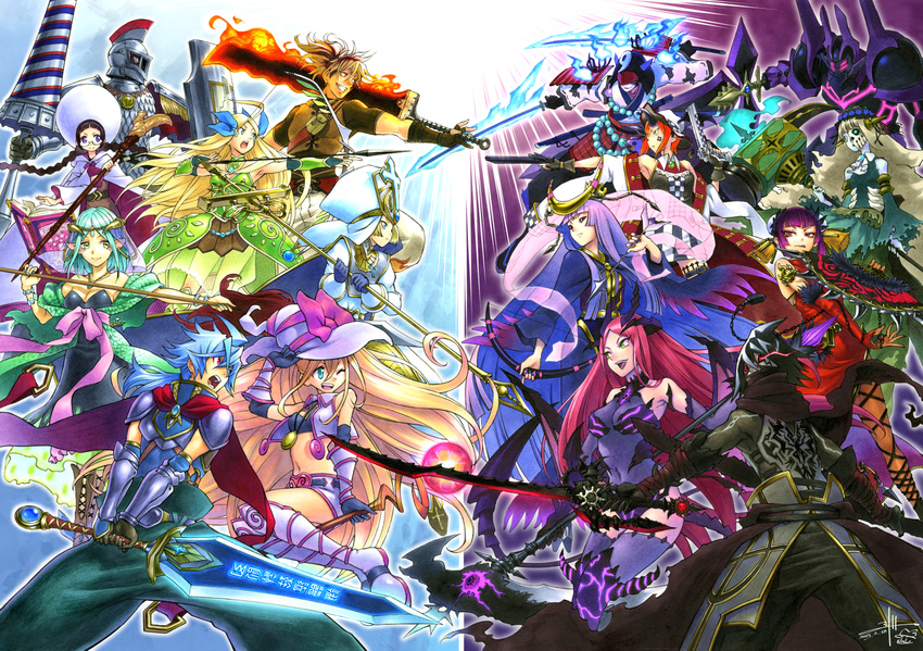 6+girls ;d armor arrow belt blonde_hair blue_fire blue_hair bow_(weapon) braid brown_hair confrontation covered_navel dress dual_wielding evil_smile fantasy fire flaming_sword full_armor glasses glowing glowing_eyes glowing_sword glowing_weapon green_dress gun handgun hat helmet highres holding holding_gun holding_sword holding_weapon knight lance marker_(medium) multiple_boys multiple_girls navel nib_pen_(medium) one_eye_closed open_mouth original parted_lips pistol polearm purple_eyes red_eyes scarf short_hair skin_tight skirt smile standing sword traditional_media twin_braids vest wand wavy_mouth weapon wedo witch witch_hat