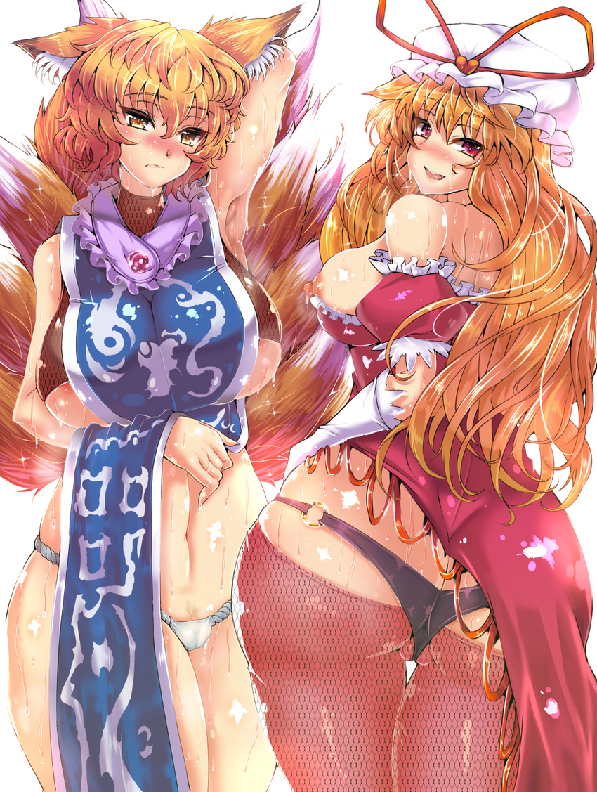 adapted_costume animal_ears armpits arms_up ass bare_shoulders black_panties blonde_hair blush breasts breasts_outside clothes_down commentary_request cowboy_shot curly_hair dress fishnet_pantyhose fishnets fox_ears fox_tail from_behind fundoshi hair_between_eyes hat highres japanese_clothes large_breasts long_hair looking_at_viewer lowleg_pantyhose mob_cap multiple_girls multiple_tails nipples o-ring o-ring_bottom panties panties_over_pantyhose pantyhose purple_dress purple_eyes short_hair sweat tabard tail touhou underboob undersized_clothes underwear unmoving_pattern wakura_(gcdan) wavy_hair yakumo_ran yakumo_yukari yellow_eyes