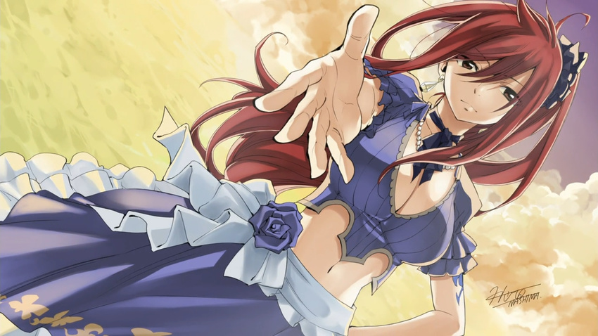 blue_dress blue_flower blue_rose breasts cleavage dress end_card erza_scarlet fairy_tail flower frilled_skirt frills hair_ornament large_breasts mashima_hiro midriff non-web_source official_art ponytail red_hair ribbon rose screencap skirt updo