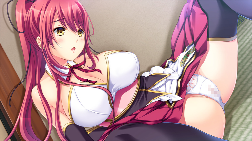 1girl bare_shoulders black_legwear blush breasts censored cleavage female game_cg highres japanese_clothes large_breasts legs long_hair looking_away lying mosaic_censoring on_back open_mouth panties ponytail red_hair sengoku_hime sengoku_hime_6 skirt solo spread_legs thighs underwear white_panties yellow_eyes