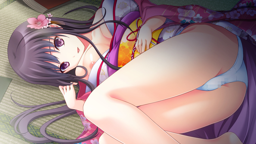 1girl absurdres areola_slip areolae ass bare_shoulders black_hair breasts censored female game_cg highres japanese_clothes kimono large_breasts long_hair looking_at_viewer lying mosaic_censoring nipple_slip nipples no_bra on_side panties purple_eyes sengoku_hime sengoku_hime_6 smile solo underwear white_panties