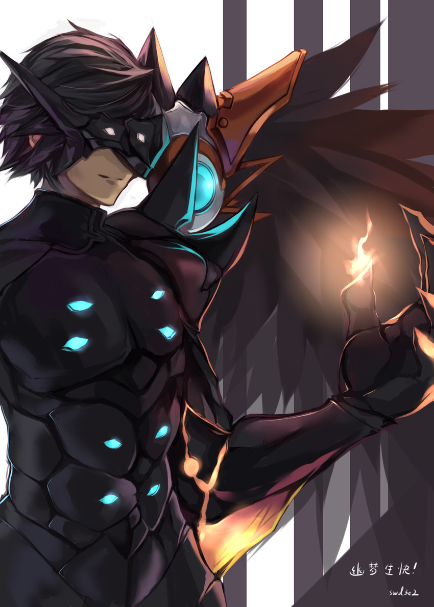 armor bad_id bad_pixiv_id black_armor black_gloves black_hair black_wings bodysuit elsword gloves highres magic male_focus mask raven_(elsword) reckless_fist_(elsword) signature solo swd3e2 valak_(elsword) wings