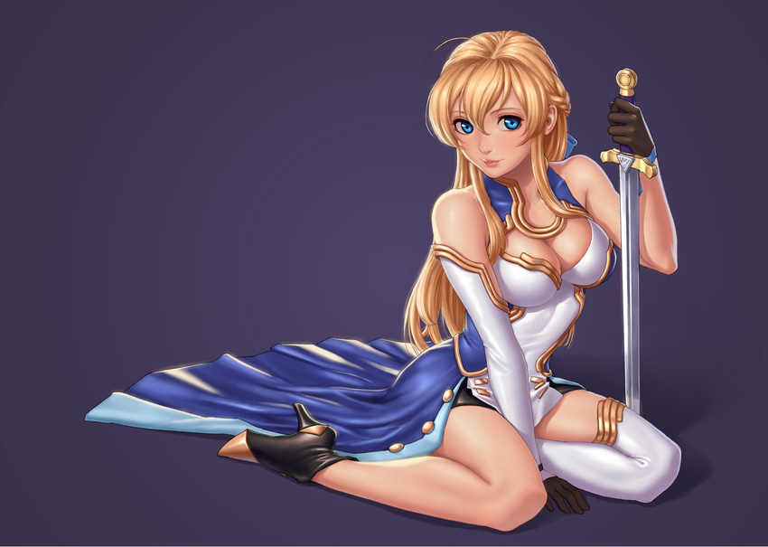 blonde_hair blue_background blue_eyes breasts cleavage_cutout full_body hair_between_eyes high_heels highres jeanne_kaguya_d'arc kneeling large_breasts lips long_hair looking_at_viewer nobunaga_the_fool seeker_(shzyu) simple_background single_thighhigh solo sword thighhighs weapon white_legwear