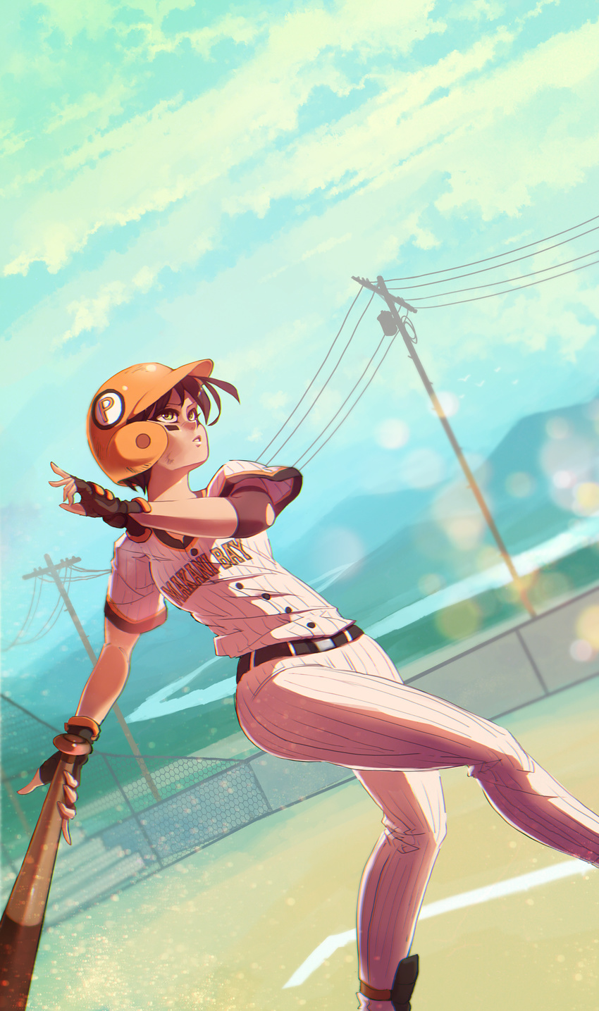 baseball_bat baseball_cap baseball_helmet baseball_uniform black_hair blue_sky cloud day dutch_angle elbow_pads fingerless_gloves flat_chest gloves green_eyes hat helmet highres original playing_sports rtil short_hair sky solo sport sportswear tomboy