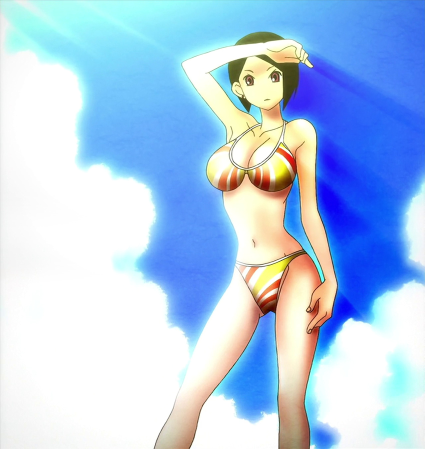 1girl arai_chie bare_shoulders bikini black_hair breasts cloud navel no_nose sayonara_zetsubou_sensei screencap short_hair solo standing stitched swimsuit