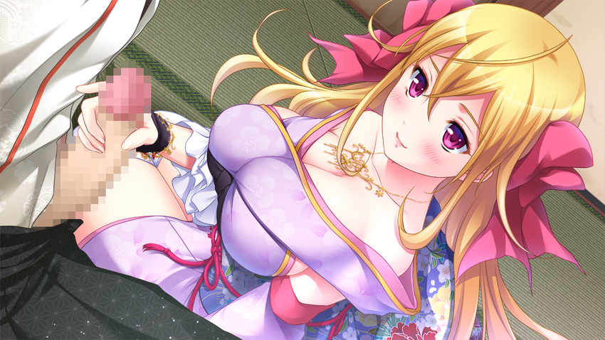 bare_shoulders blonde_hair blush breasts censored cleavage collarbone game_cg hair_ribbon handjob highres large_breasts legs long_hair looking_away mosaic_censoring penis pink_eyes ribbon sengoku_hime sengoku_hime_6 sitting smile solo_focus thighs