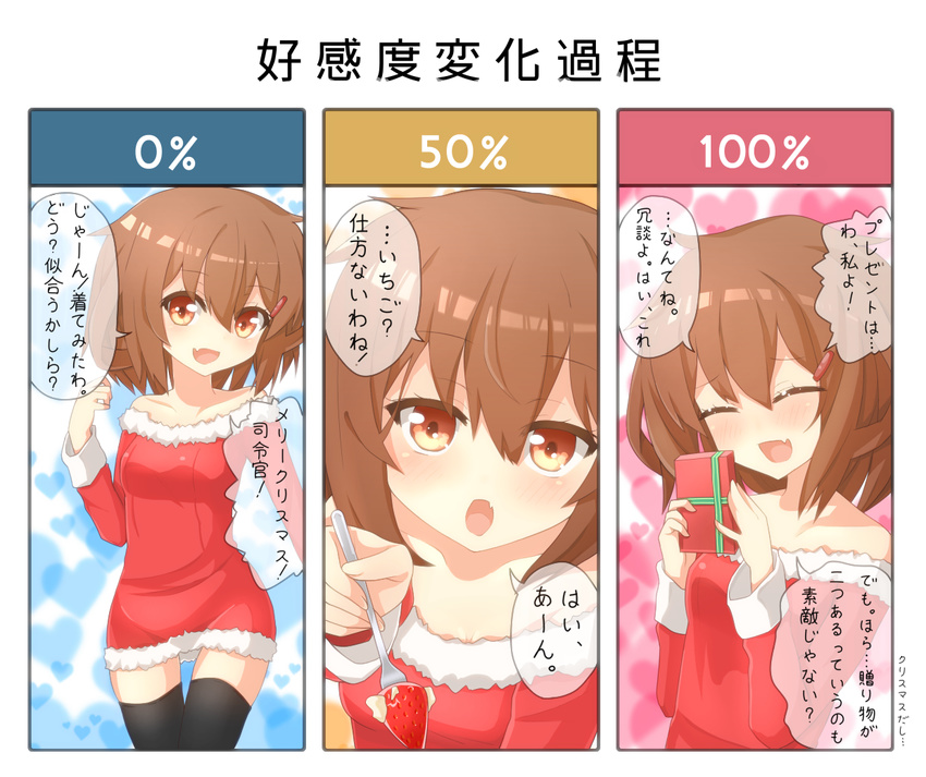 ^_^ bad_id bad_pixiv_id black_legwear brown_eyes brown_hair chart check_translation closed_eyes commentary_request fang hair_between_eyes hair_ornament hairclip ikazuchi_(kantai_collection) kantai_collection looking_at_viewer open_mouth rateratte short_hair translation_request