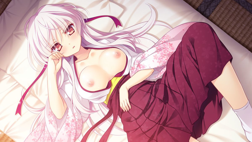 albino breasts game_cg hana_no_no_ni_saku_utakata_no large_breasts looking_at_viewer lying nipples odawara_hakone on_back open_clothes open_shirt ouka_(hana_no_no_ni_saku_utakata_no) red_eyes shirt solo white_hair