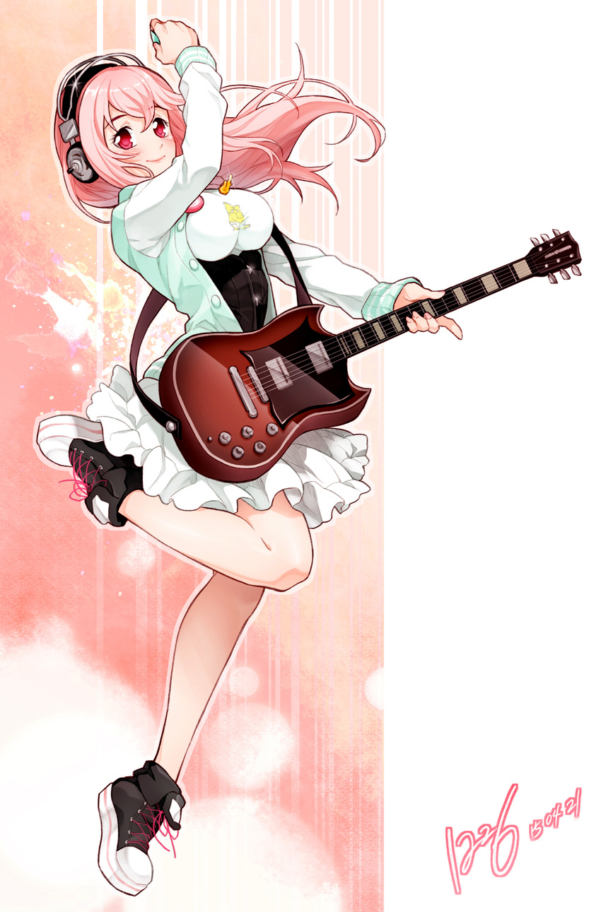 blush breasts electric_guitar guitar headphones highres instrument large_breasts long_hair looking_at_viewer nitroplus pink_eyes pink_hair plectrum sg skirt smile solo sua_k super_sonico