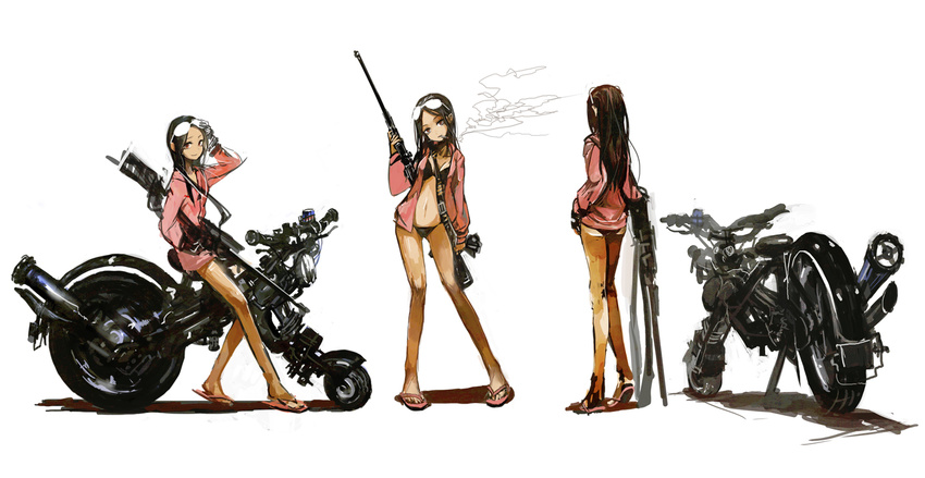 bikini black_hair breasts cigarette cleavage eyewear_on_head ground_vehicle gun long_hair looking_at_viewer medium_breasts motor_vehicle motorcycle navel original red_eyes rifle sandals simple_background smile smoking sniper_rifle solo sunglasses swimsuit tan toi_(number8) weapon white_background