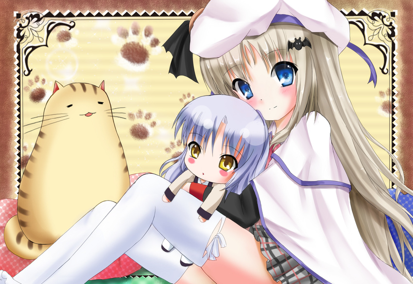 angel_beats! blazer blue_eyes cape cat chibi company_connection crossover doruji jacket key_(company) little_busters! long_hair minigirl mogupuchi multiple_girls noumi_kudryavka school_uniform silver_hair tenshi_(angel_beats!) thighhighs yellow_eyes