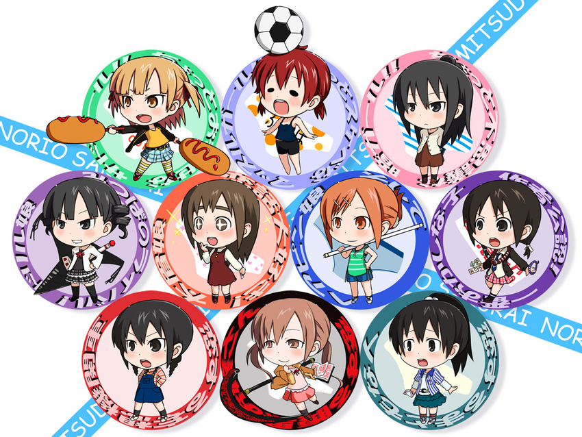 chibi commentary_request corndog dual_wielding holding itou_shiori katou_mayumi kurabayashi_aya marui_futaba marui_hitoha marui_mitsuba matsuoka_sakiko mitsudomoe miyashita multiple_girls ogata_airi siblings sisters standing sugisaki_miku translation_request yoshioka_yuki