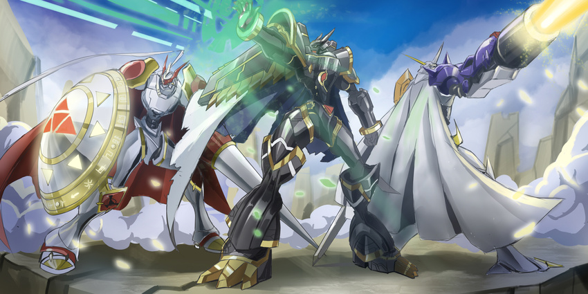 alphamon armor cannon cape claws cliff clothes digimon dk_(13855103534) dual_wielding dukemon epic full_armor head_wings highres horn horns monster no_humans omegamon royal_knights shield spear spikes sword weapon wings