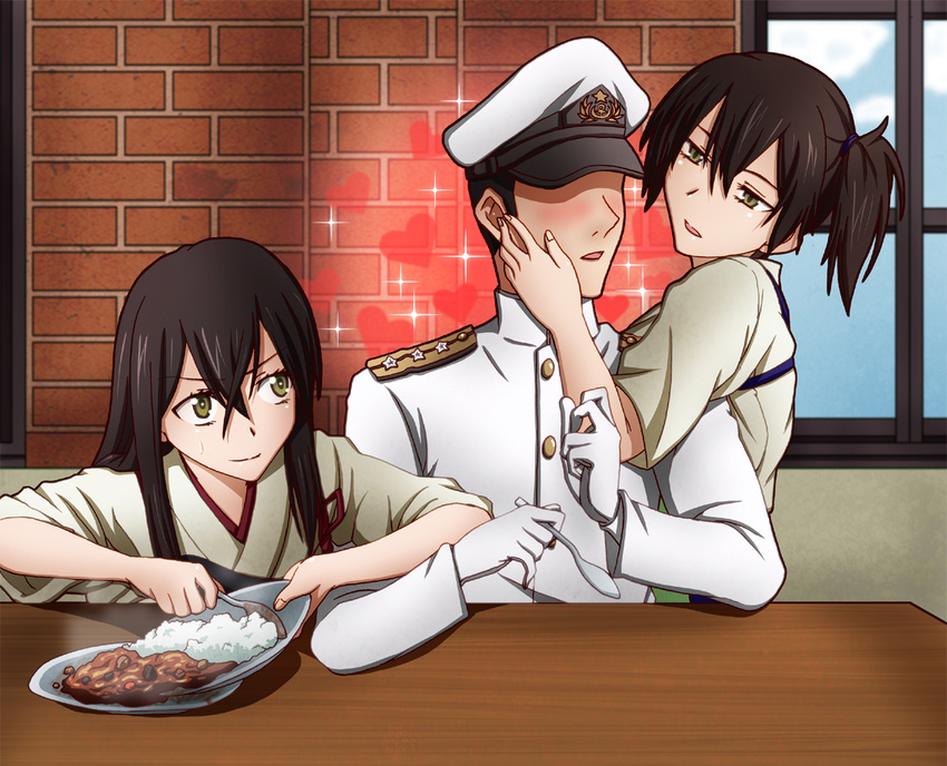 2girls admiral_(kantai_collection) akagi_(kantai_collection) brick_wall brown_hair curry curry_rice food hasebe_akira hat heart indoors japanese_clothes kaga_(kantai_collection) kantai_collection long_hair military military_uniform multiple_girls muneate naval_uniform open_mouth plate rice short_hair side_ponytail spoon table theft uniform window