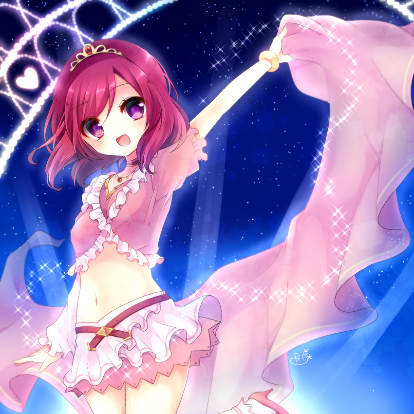 belt highres looking_at_viewer love_live! love_live!_school_idol_project midriff music_s.t.a.r.t!! navel nishikino_maki open_mouth purple_eyes red_hair short_hair skirt smile solo tiara ytuorvi
