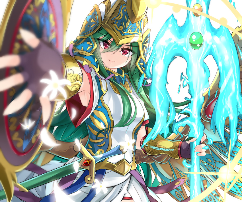 armor armpits athena_(p&amp;d) fingerless_gloves foreshortening gloves green_hair helmet highres kazami_chiu long_hair mechanical_wings polearm puzzle_&amp;_dragons red_eyes sheath sheathed shield smile solo spear sword weapon wings