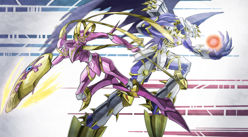 2boys armor claws digimon digimon_frontier dk_(13855103534) dynasmon epic flying full_armor gauntlets helmet highres horns lordknightmon monster multiple_boys no_humans royal_knights shield shoulder_pads weapon wings