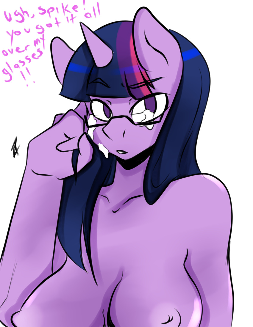 anthro anthrofied areola breasts cum cum_on_face english_text equine erect_nipples eyewear friendship_is_magic fur glasses hair horn horse inuyuru looking_at_viewer mammal my_little_pony nipples nude plain_background pony purple_fur purple_hair solo teeth text twilight_sparkle_(mlp) two_tone_hair white_background