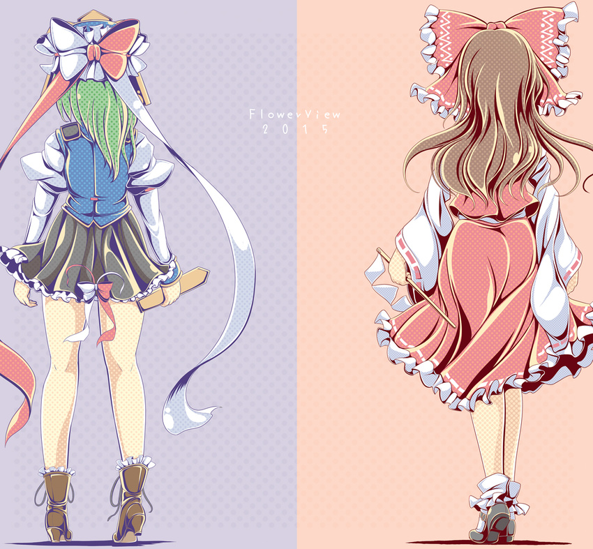 asymmetrical_hair back bow brown_hair from_behind gohei green_hair hair_bow hair_bun hakurei_reimu halftone hat hat_removed headwear_removed ichirino_minagi juliet_sleeves long_hair long_sleeves multiple_girls puffy_sleeves ribbon-trimmed_sleeves ribbon_trim rod_of_remorse shiki_eiki shirt skirt skirt_set touhou wide_sleeves