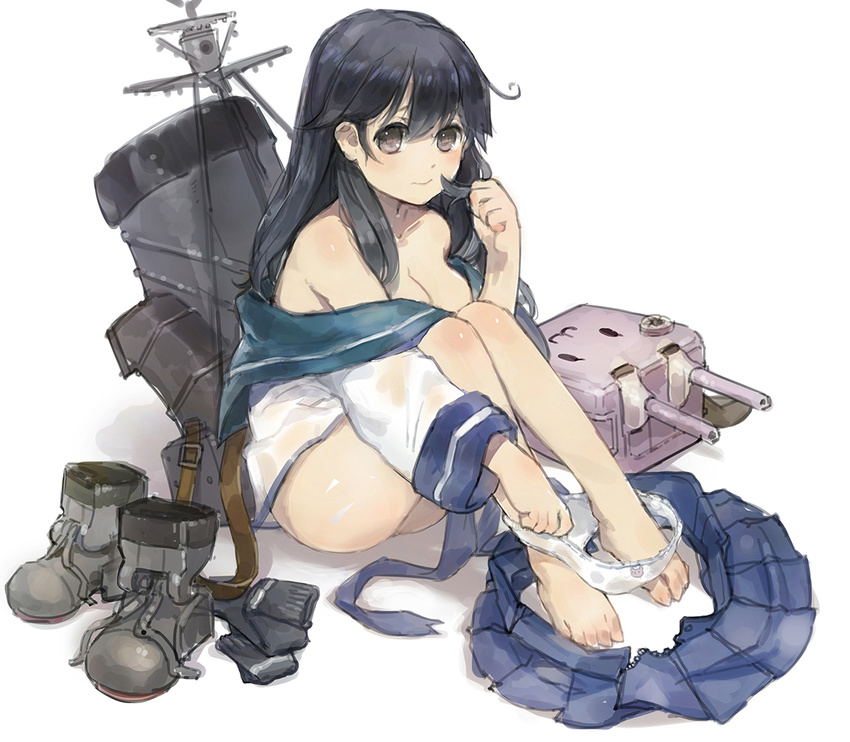 animal_print black_eyes black_hair boots breasts bunny_panties bunny_print cleavage kantai_collection long_hair machinery medium_breasts nemo_(leafnight) panties panty_pull print_panties school_uniform serafuku skirt skirt_removed solo turret underwear uniform ushio_(kantai_collection) white_panties