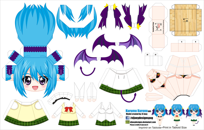 :d absurdres artist_name bikini blue_hair breasts character_name chibi cleavage demon_girl demon_tail demon_wings el_joey highres kurono_kurumu medium_breasts open_mouth paper_cutout papercraft purple_eyes rosario+vampire school_uniform smile solo succubus swimsuit tail watermark web_address wings