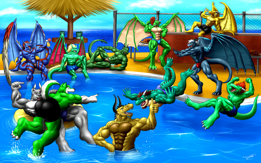 beach clothing dragon drake invalid_tag jokes male muscles pool seaside shorts speedo swimsuit symbolhero