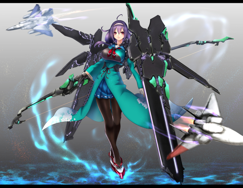 ace_combat ace_combat_zero ahoge aircraft airplane big.g black_legwear bow_(weapon) cipher_(ace_combat) hair_flaps kantai_collection larry_foulke looking_at_viewer machinery muneate pantyhose pleated_skirt purple_eyes purple_hair remodel_(kantai_collection) ryuuhou_(kantai_collection) school_uniform serafuku skirt smile solo taigei_(kantai_collection) weapon